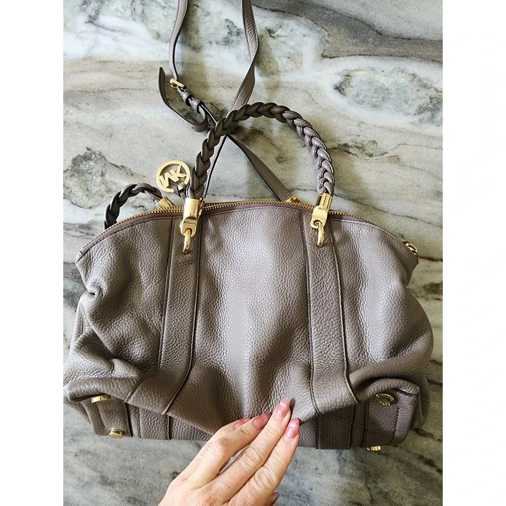 Michael Kors Naomi Taupe Pebbled Leather Braided Handle Satchel Crossbody Bag MK